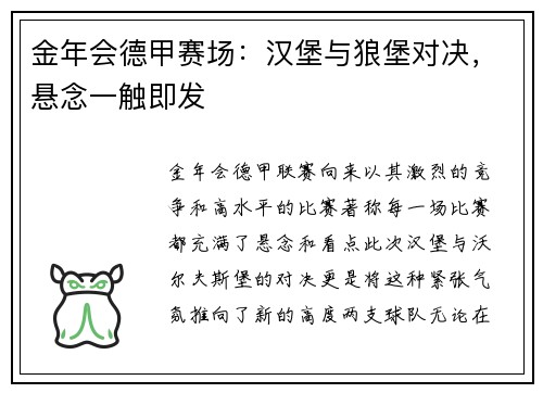 金年会德甲赛场：汉堡与狼堡对决，悬念一触即发